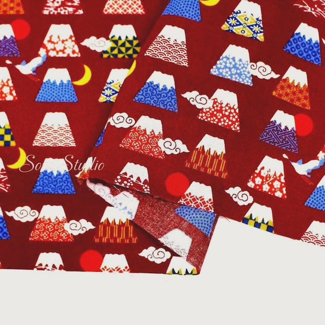 Japanese Fabric - Kawaii FUJI Mountain, BURGUNDY - 100% Cotton Square Printed, by the yard