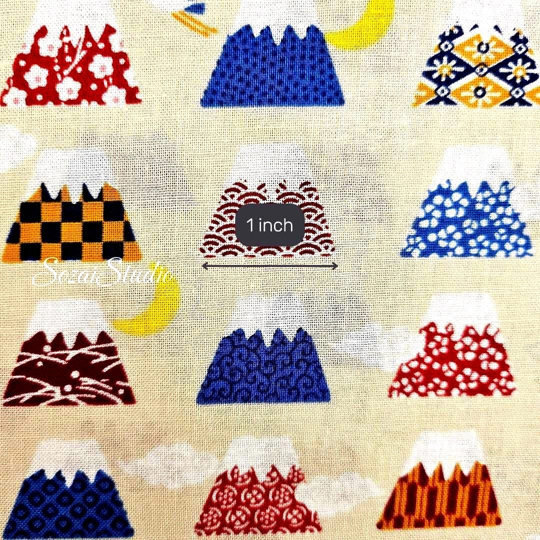 Japanese Fabric - Kawaii FUJI Mountain, BEIGE - 100% Cotton Square Printed, by the yard