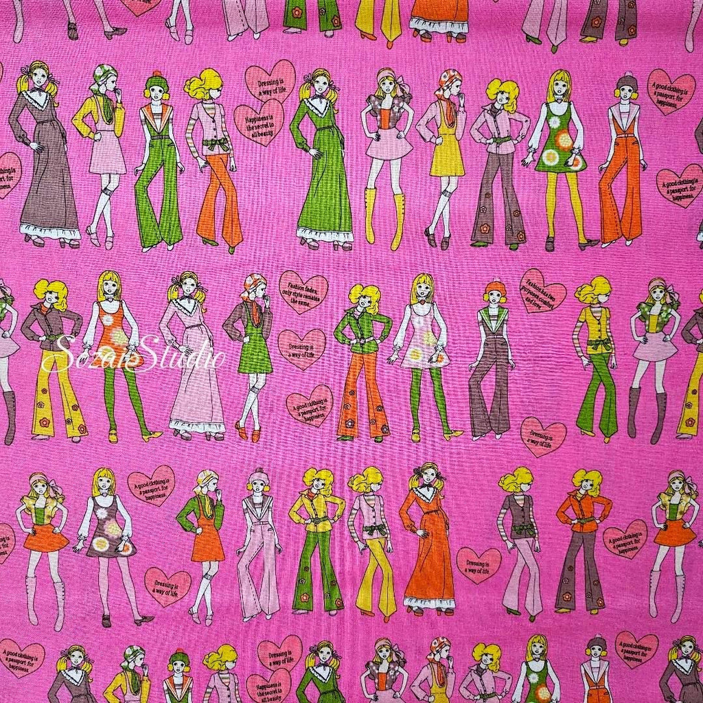 Koko Seki Japanese Fabric: 70's Retro Disco Girls Print, Pink Cotton Muslin, by the yard