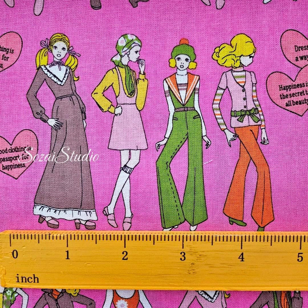 Koko Seki Japanese Fabric: 70's Retro Disco Girls Print, Pink Cotton Muslin, by the yard
