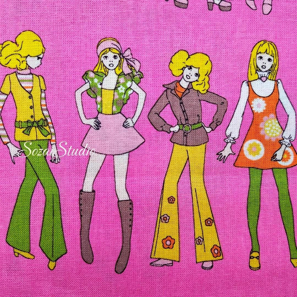 Koko Seki Japanese Fabric: 70's Retro Disco Girls Print, Pink Cotton Muslin, by the yard