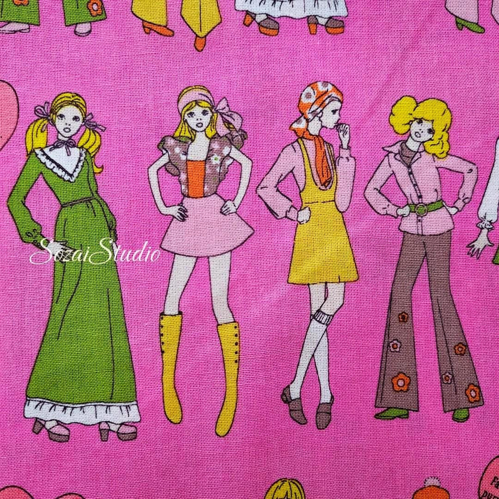 Koko Seki Japanese Fabric: 70's Retro Disco Girls Print, Pink Cotton Muslin, by the yard