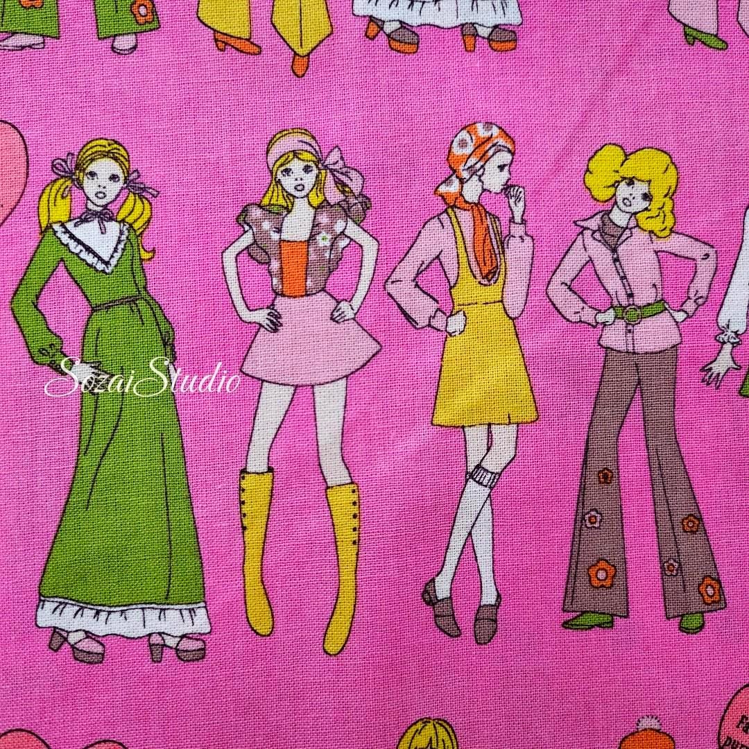 Koko Seki Japanese Fabric: 70's Retro Disco Girls Print, Pink Cotton Muslin, by the yard