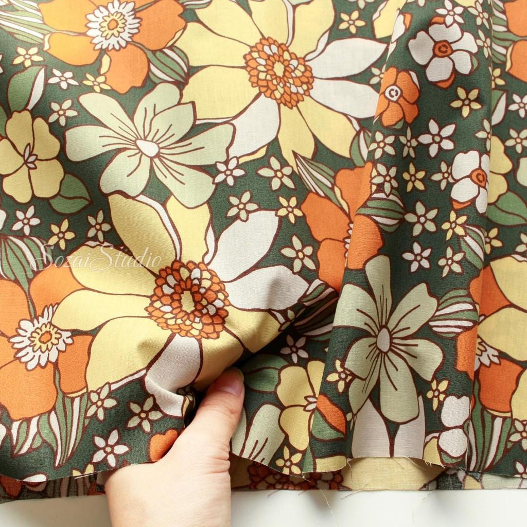 Large Botanical Flower, Floral Khaki - 100% Cotton Printed, by the yard