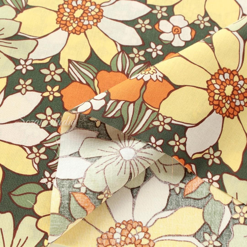 Large Botanical Flower, Floral Khaki - 100% Cotton Printed, by the yard