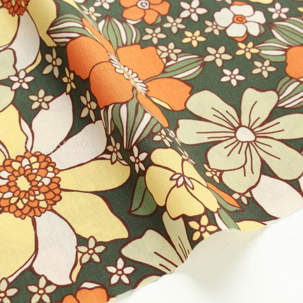 Large Botanical Flower, Floral Khaki - 100% Cotton Printed, by the yard