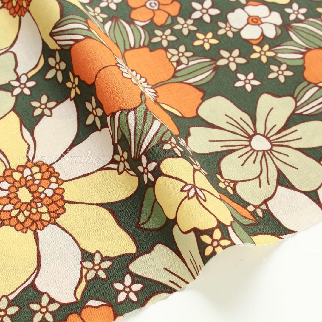Large Botanical Flower, Floral Khaki - 100% Cotton Printed, by the yard