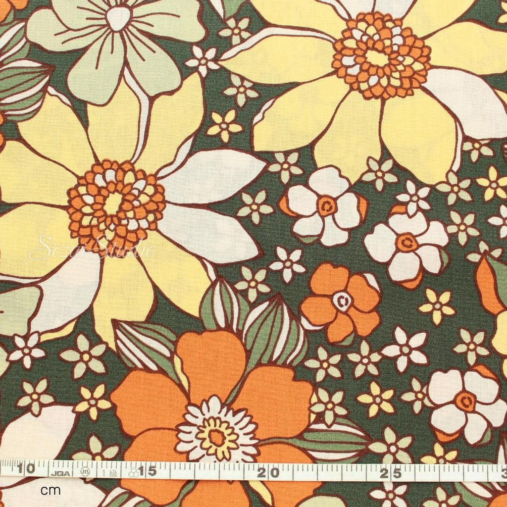 Large Botanical Flower, Floral Khaki - 100% Cotton Printed, by the yard