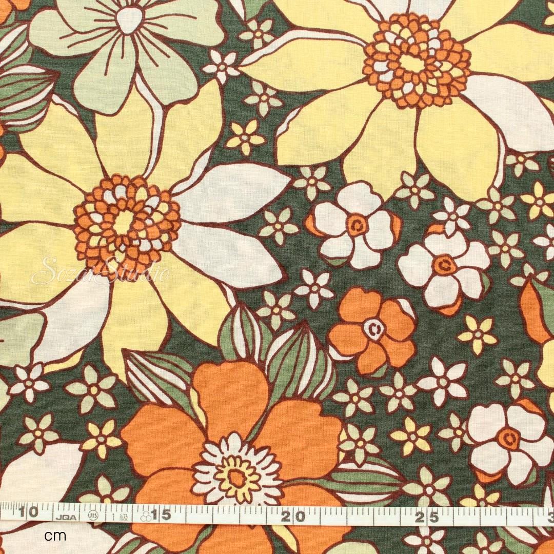 Large Botanical Flower, Floral Khaki - 100% Cotton Printed, by the yard