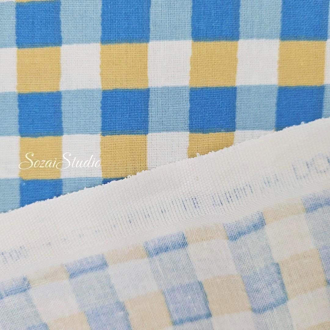 Checkered Print (Gingham check), Blue x Yellow - 100% Cotton Sheeting (Printed) - by the yard