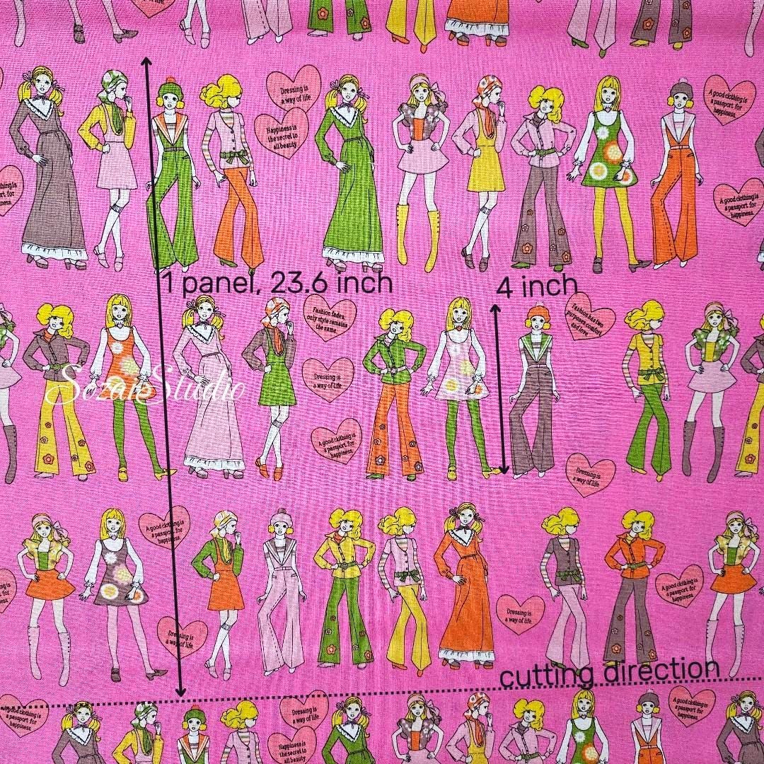 Koko Seki Japanese Fabric: 70's Retro Disco Girls Print, Pink Cotton Muslin, by the yard