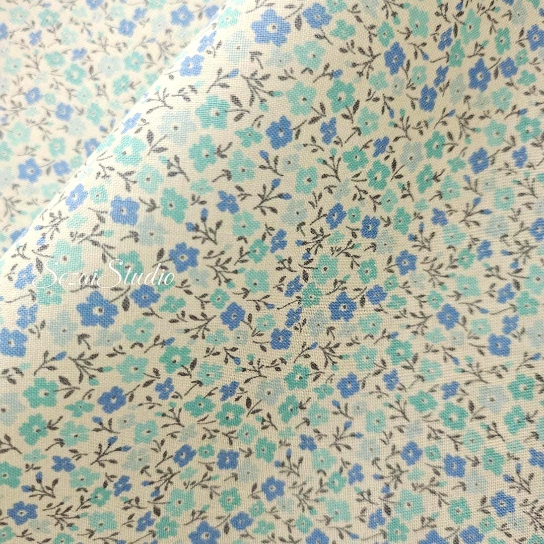 Japanese Cotton Fabric: Blue Floral Print - Flore Collection, by the yard