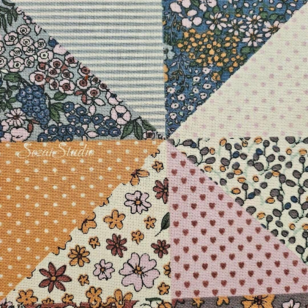 Retro Flowers Patchwork style - Mixed color - Cotton Poly Canvas, Digital Print - by the yard