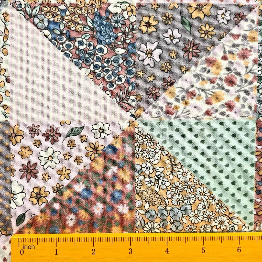 Retro Flowers Patchwork style - Mixed color - Cotton Poly Canvas, Digital Print - by the yard