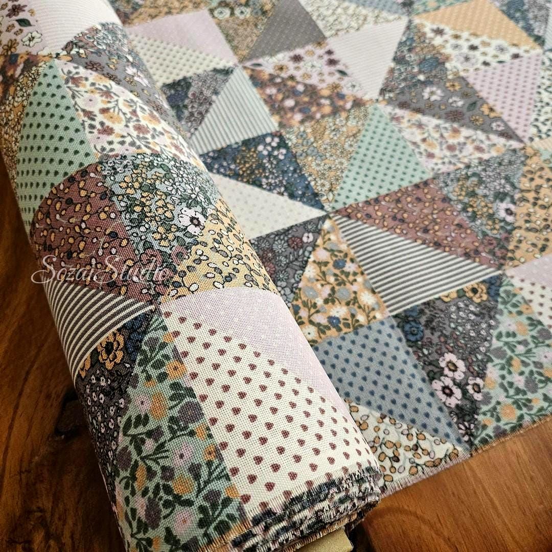 Retro Flowers Patchwork style - Mixed color - Cotton Poly Canvas, Digital Print - by the yard