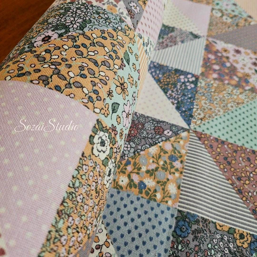 Retro Flowers Patchwork style - Mixed color - Cotton Poly Canvas, Digital Print - by the yard