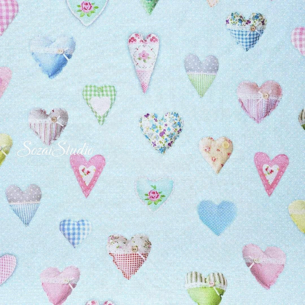 Light Blue Heart Pattern Cotton Canvas Fabric: Digital Print - by the yard