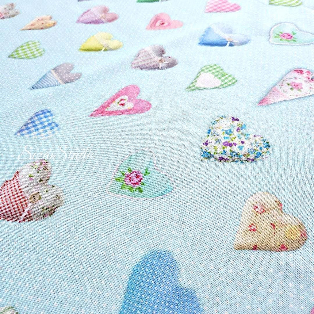 Light Blue Heart Pattern Cotton Canvas Fabric: Digital Print - by the yard