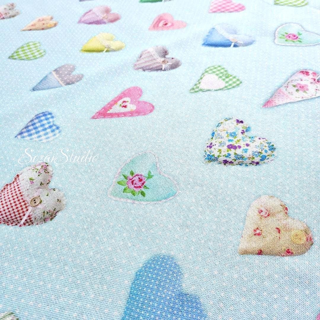Light Blue Heart Pattern Cotton Canvas Fabric: Digital Print - by the yard