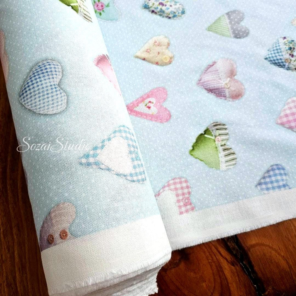 Light Blue Heart Pattern Cotton Canvas Fabric: Digital Print - by the yard