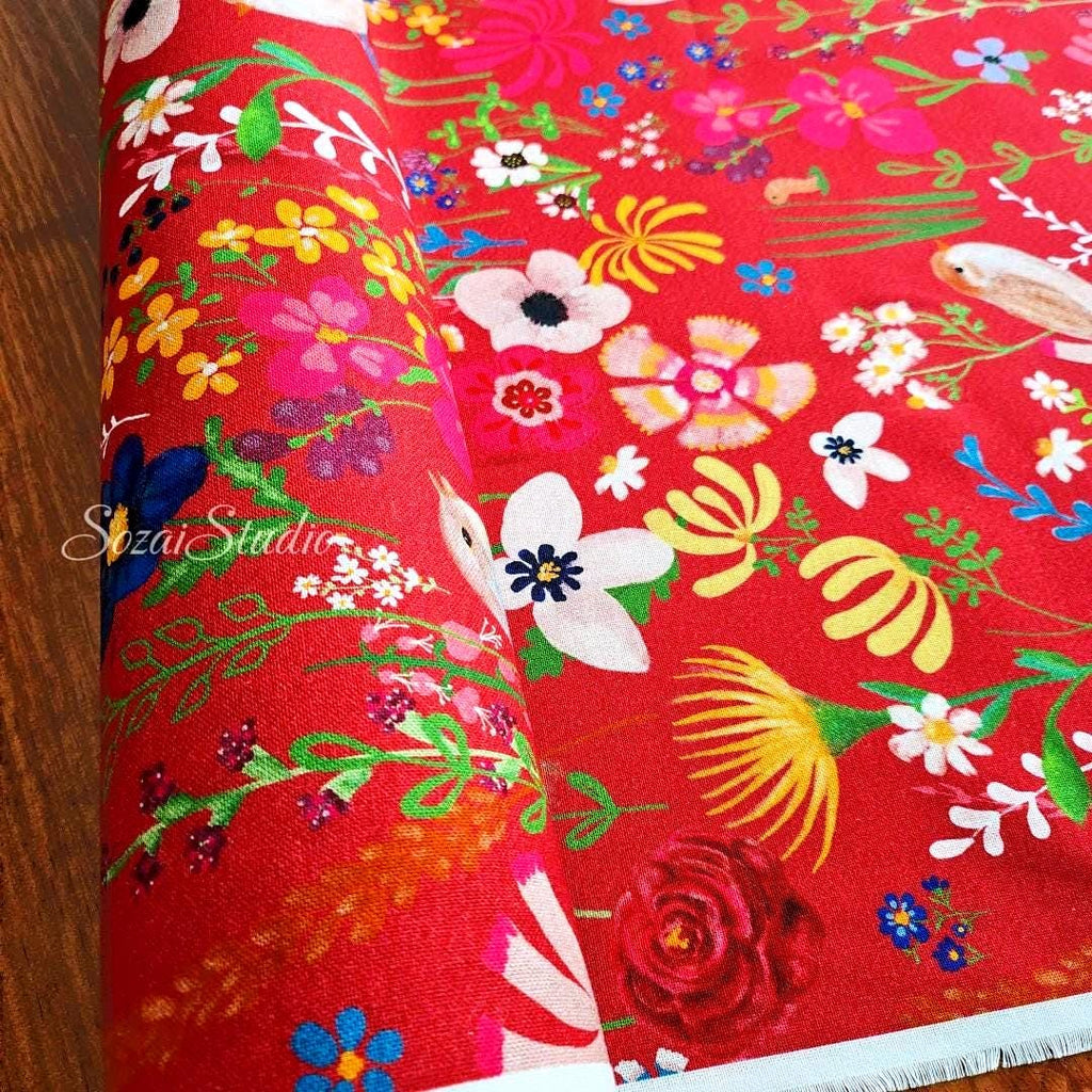 Blooming Flowers and Little Birds - Red - 100% Cotton Canvas, Digital Print - by the yard