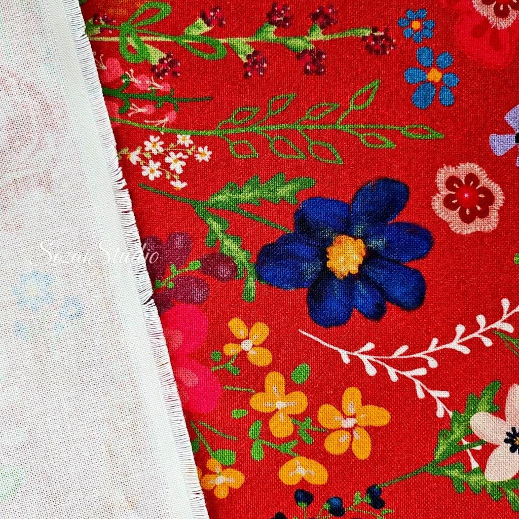 Blooming Flowers and Little Birds - Red - 100% Cotton Canvas, Digital Print - by the yard