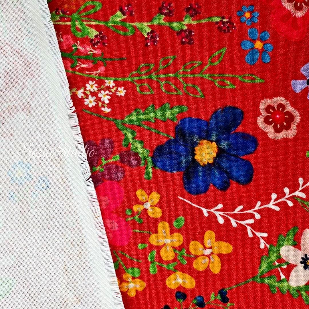 Blooming Flowers and Little Birds - Red - 100% Cotton Canvas, Digital Print - by the yard