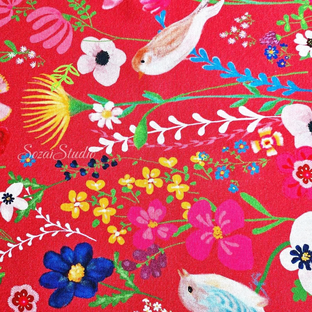 Blooming Flowers and Little Birds - Red - 100% Cotton Canvas, Digital Print - by the yard