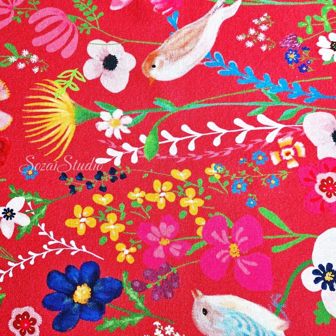 Blooming Flowers and Little Birds - Red - 100% Cotton Canvas, Digital Print - by the yard