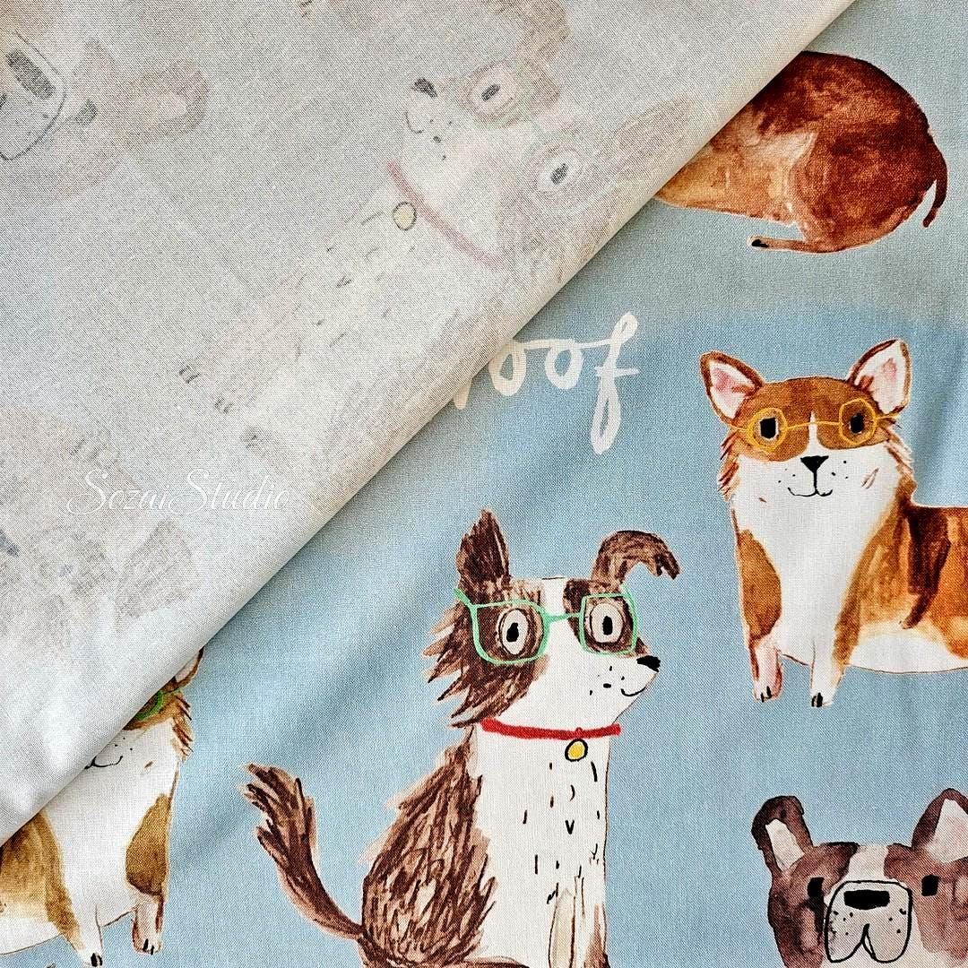 Japanese fabric - Adorable Paws Gathering, Blue - 100% Cotton Square (Digital Print), by the yard