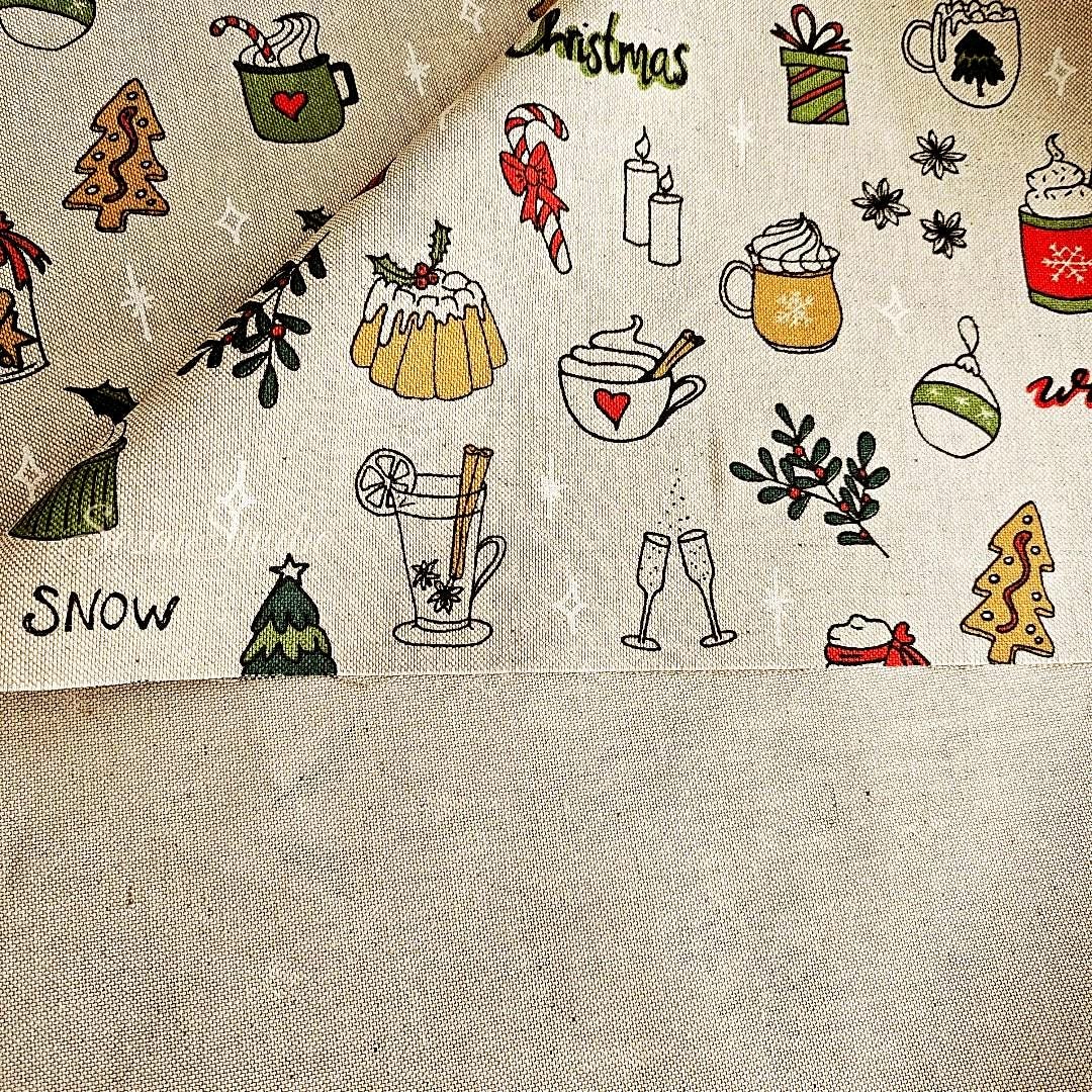 December & Christmas Vibe - Beige - Cotton Poly Canvas, Digital Print - by the yard