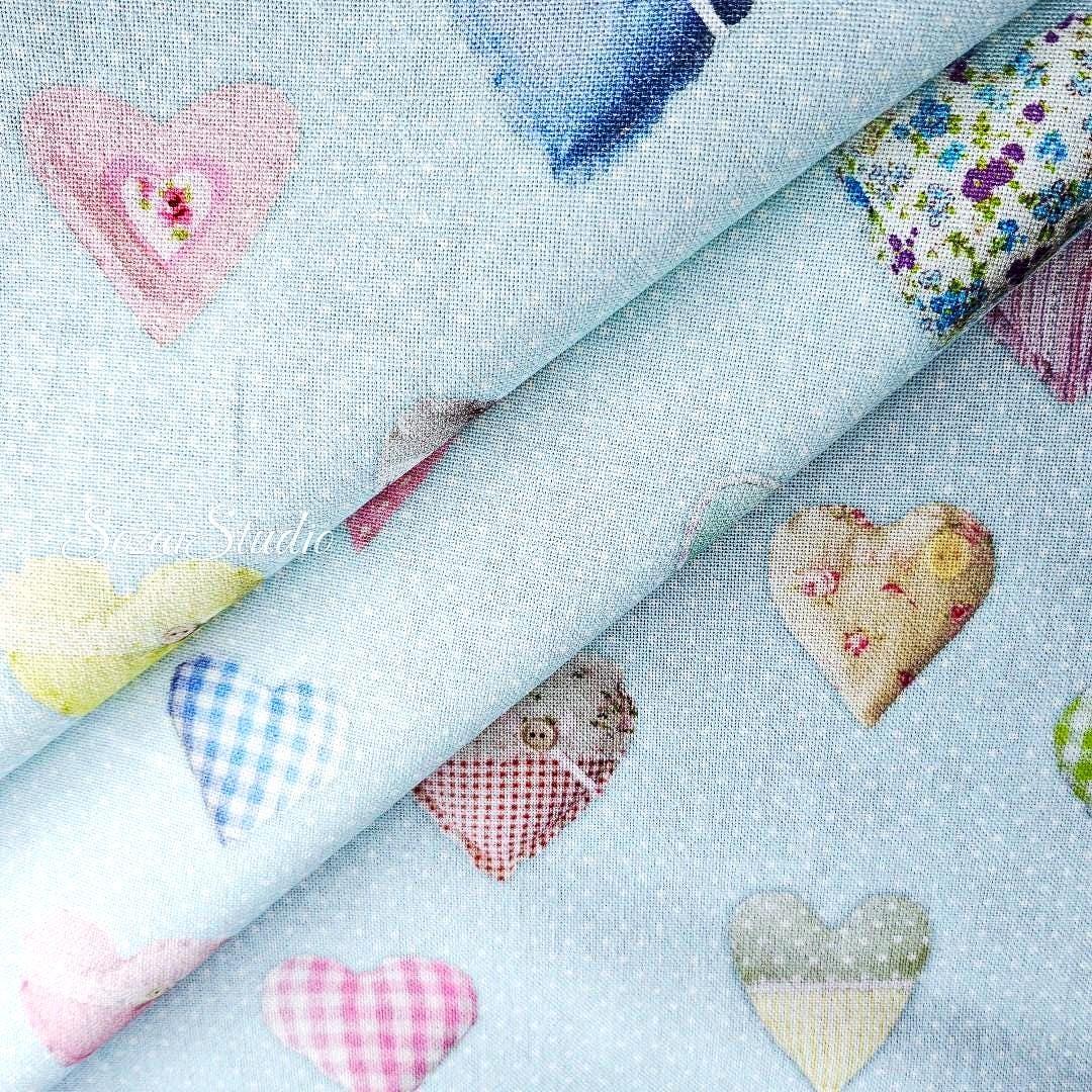 Light Blue Heart Pattern Cotton Canvas Fabric: Digital Print - by the yard