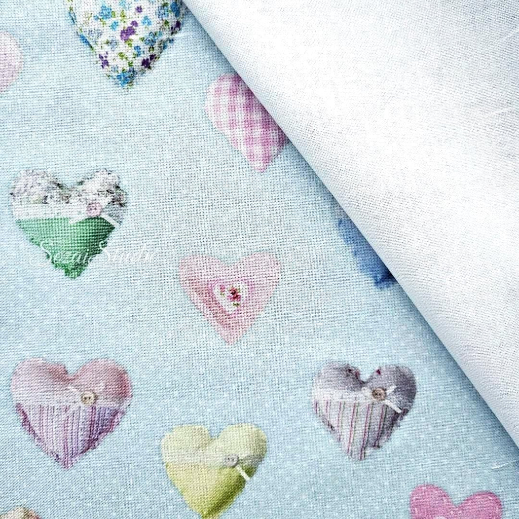 Light Blue Heart Pattern Cotton Canvas Fabric: Digital Print - by the yard