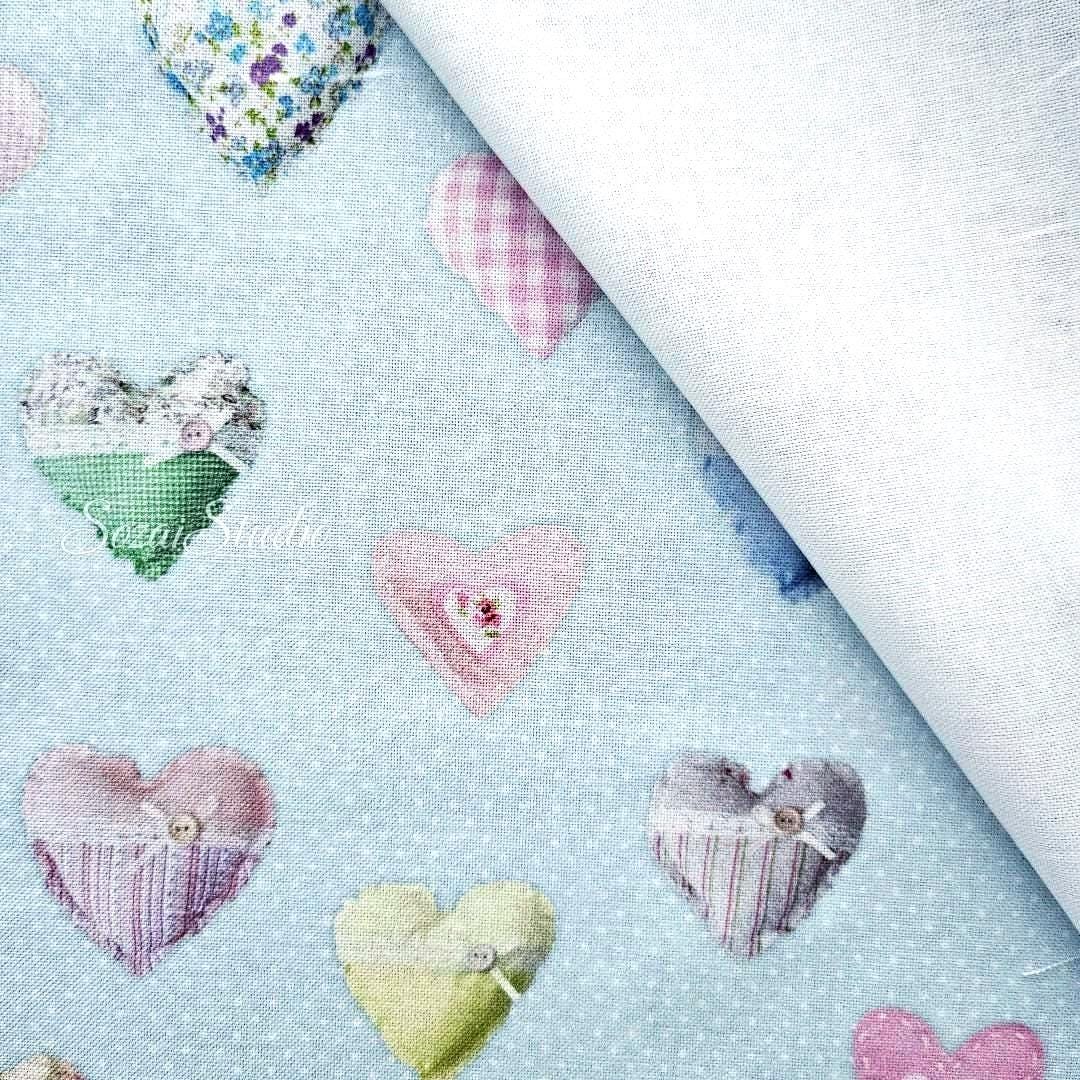Light Blue Heart Pattern Cotton Canvas Fabric: Digital Print - by the yard