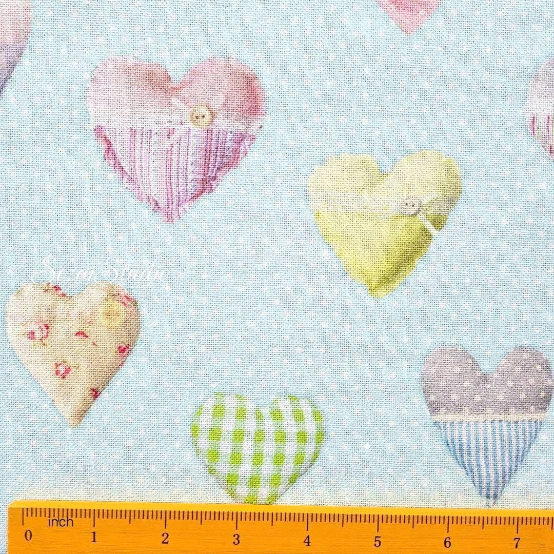 Light Blue Heart Pattern Cotton Canvas Fabric: Digital Print - by the yard