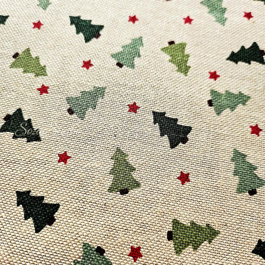 Cozy Christmas Tree and Star - Beige - Cotton Poly Canvas, Digital Print - by the yard