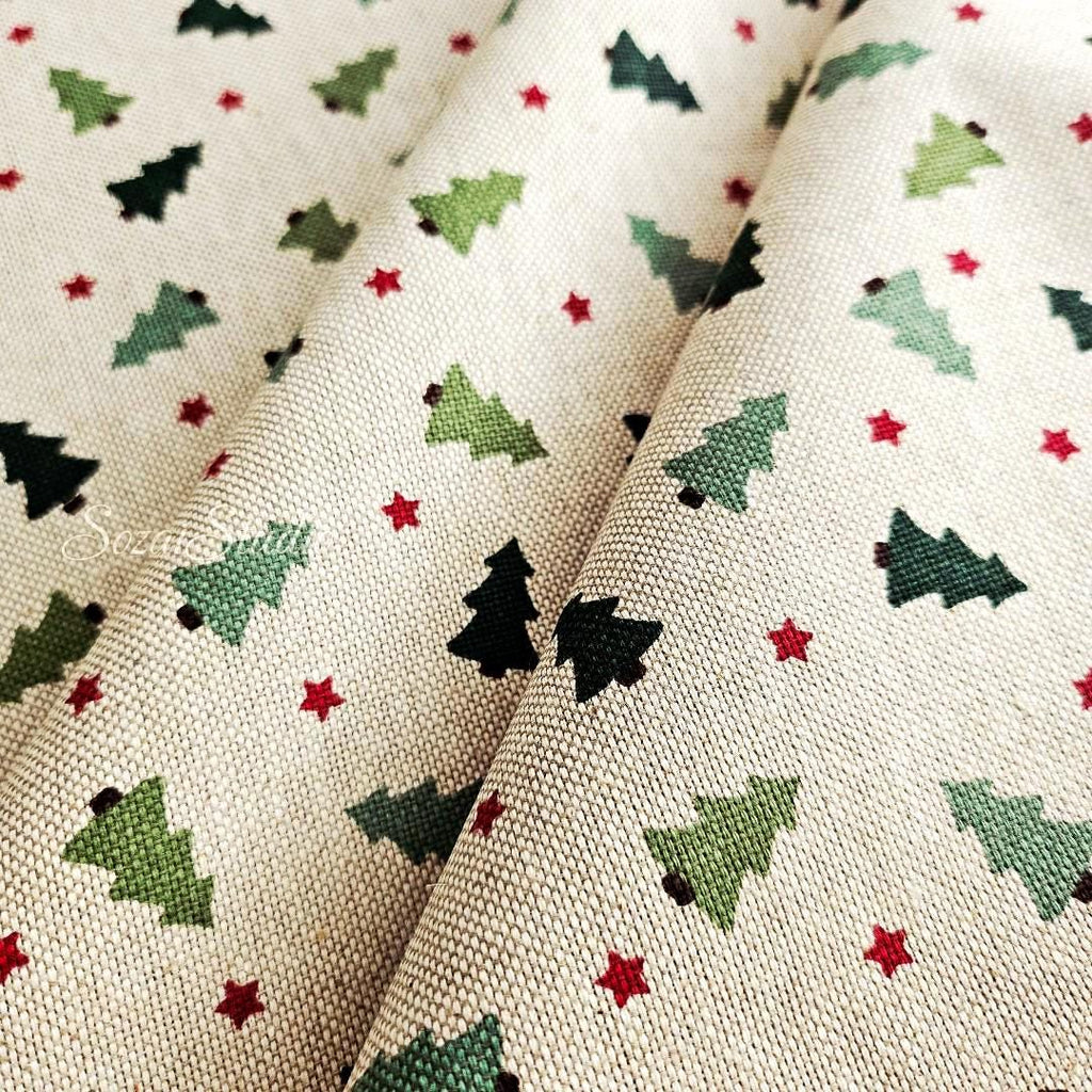 Cozy Christmas Tree and Star - Beige - Cotton Poly Canvas, Digital Print - by the yard