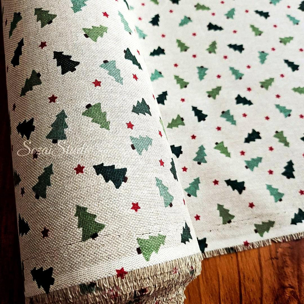 Cozy Christmas Tree and Star - Beige - Cotton Poly Canvas, Digital Print - by the yard