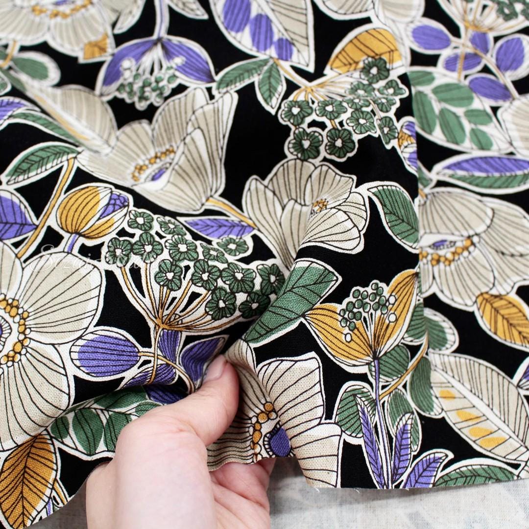 Japanese fabric - Botanical flower, Black - Linen Blend Canvas, by the yard