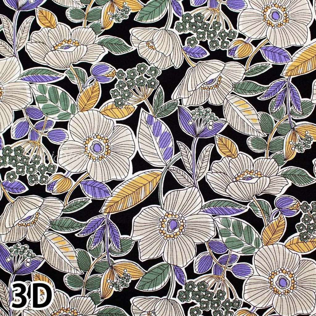 Japanese fabric - Botanical flower, Black - Linen Blend Canvas, by the yard