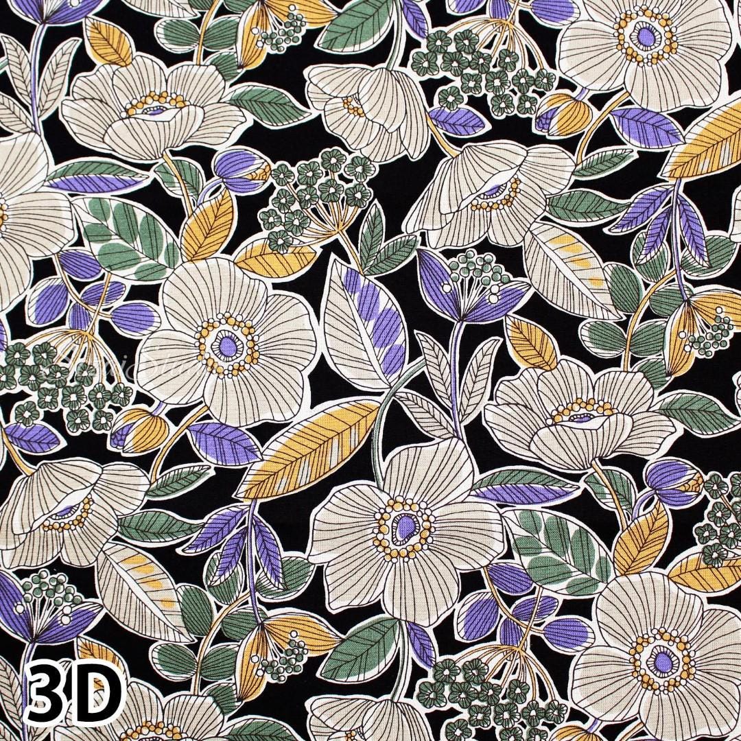 Japanese fabric - Botanical flower, Black - Linen Blend Canvas, by the yard