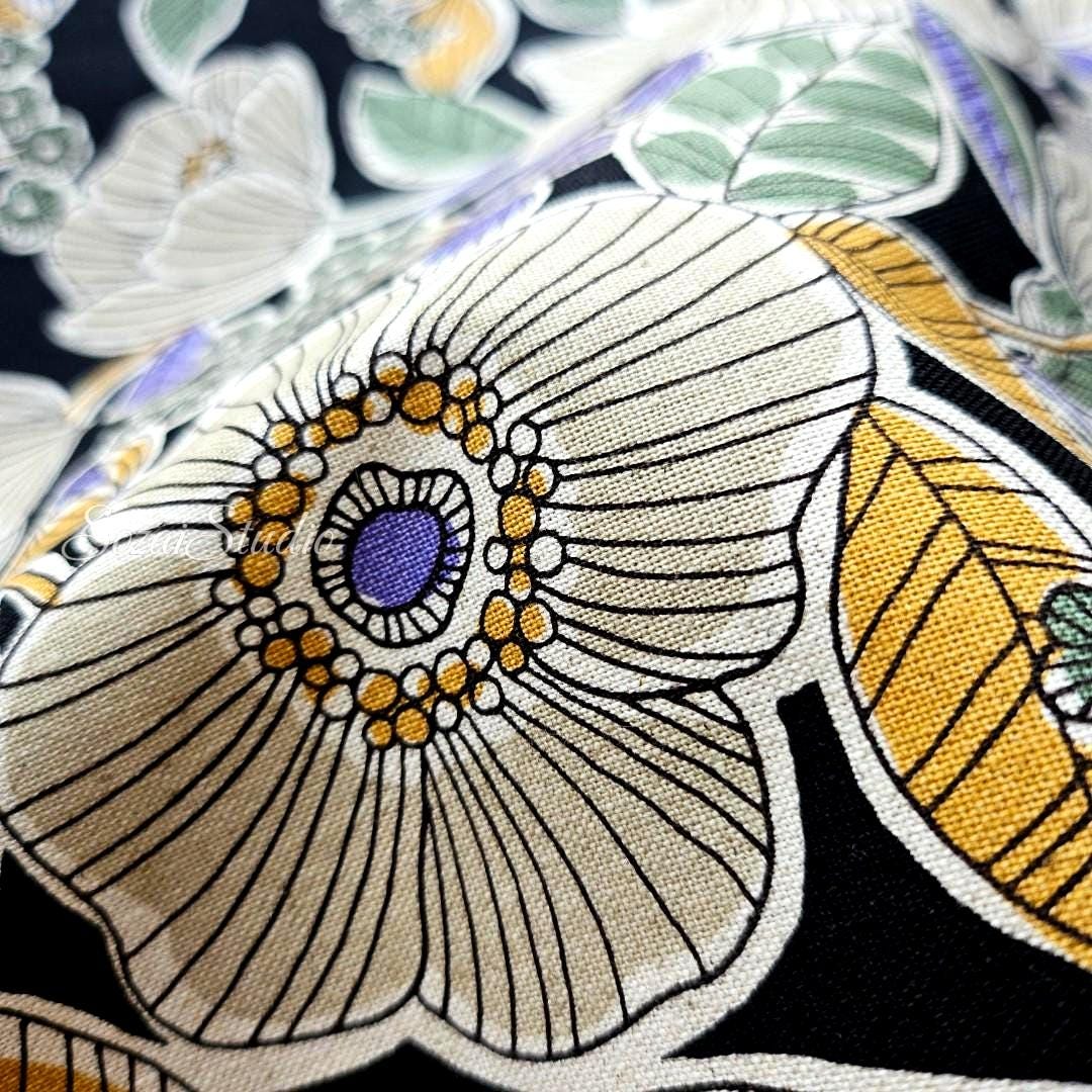 Japanese fabric - Botanical flower, Black - Linen Blend Canvas, by the yard