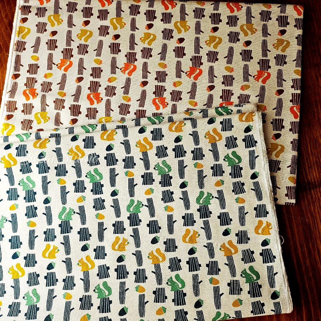 Japanese fabric - Adorable Squirrel and Acorn - Orange - Linen Blend Canvas, by the yard
