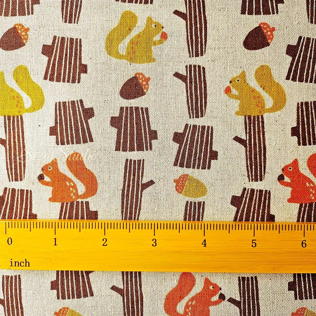 Japanese fabric - Adorable Squirrel and Acorn - Orange - Linen Blend Canvas, by the yard