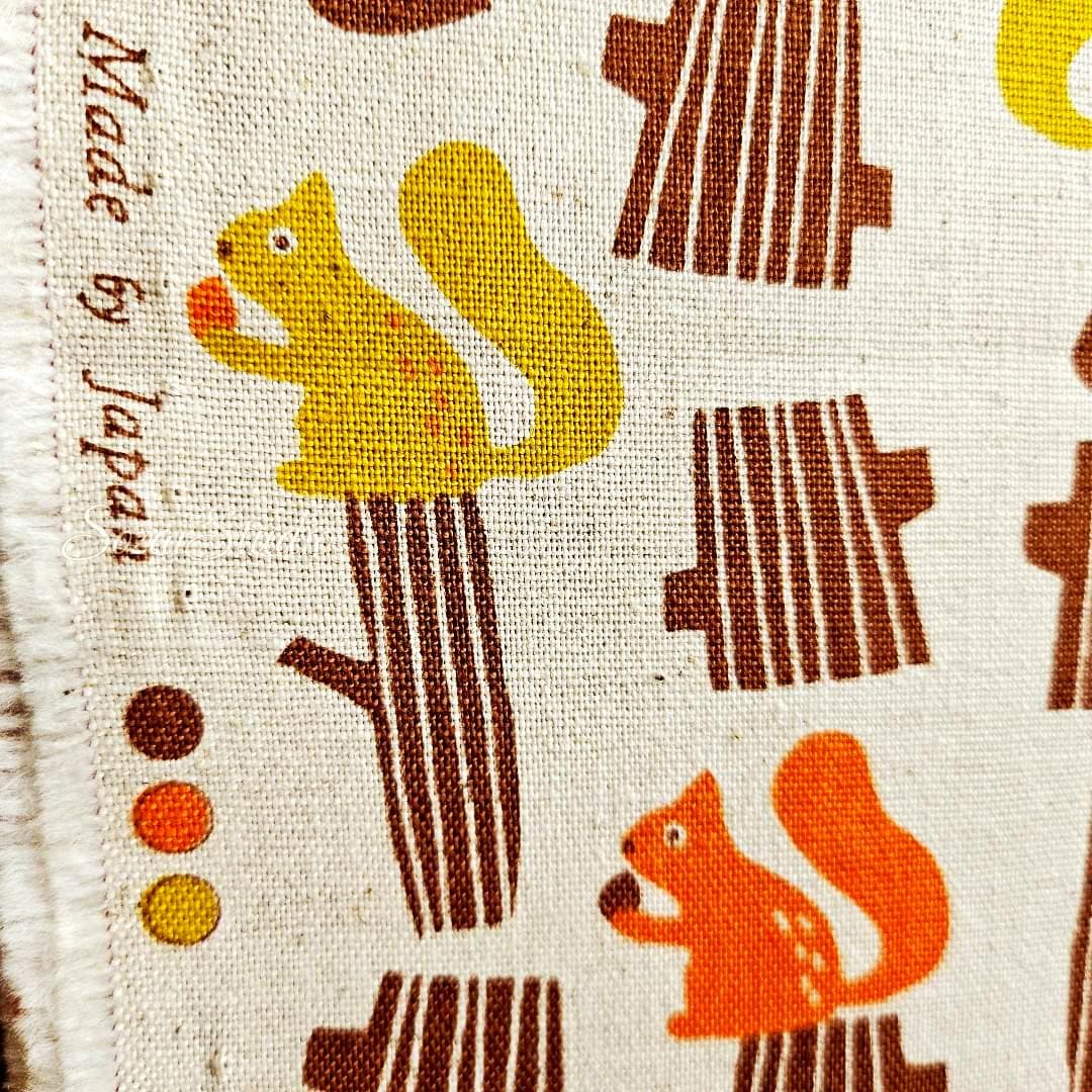 Japanese fabric - Adorable Squirrel and Acorn - Orange - Linen Blend Canvas, by the yard