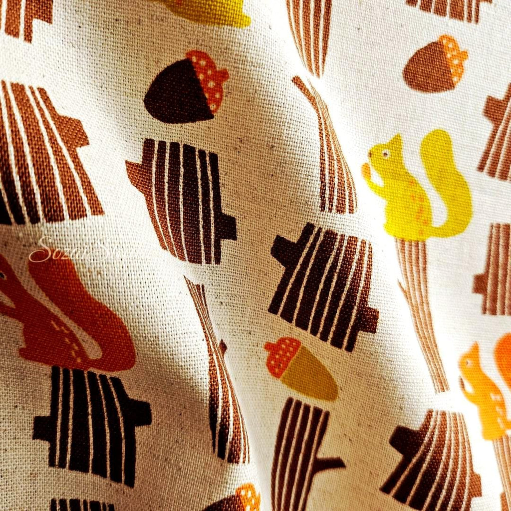 Japanese fabric - Adorable Squirrel and Acorn - Orange - Linen Blend Canvas, by the yard