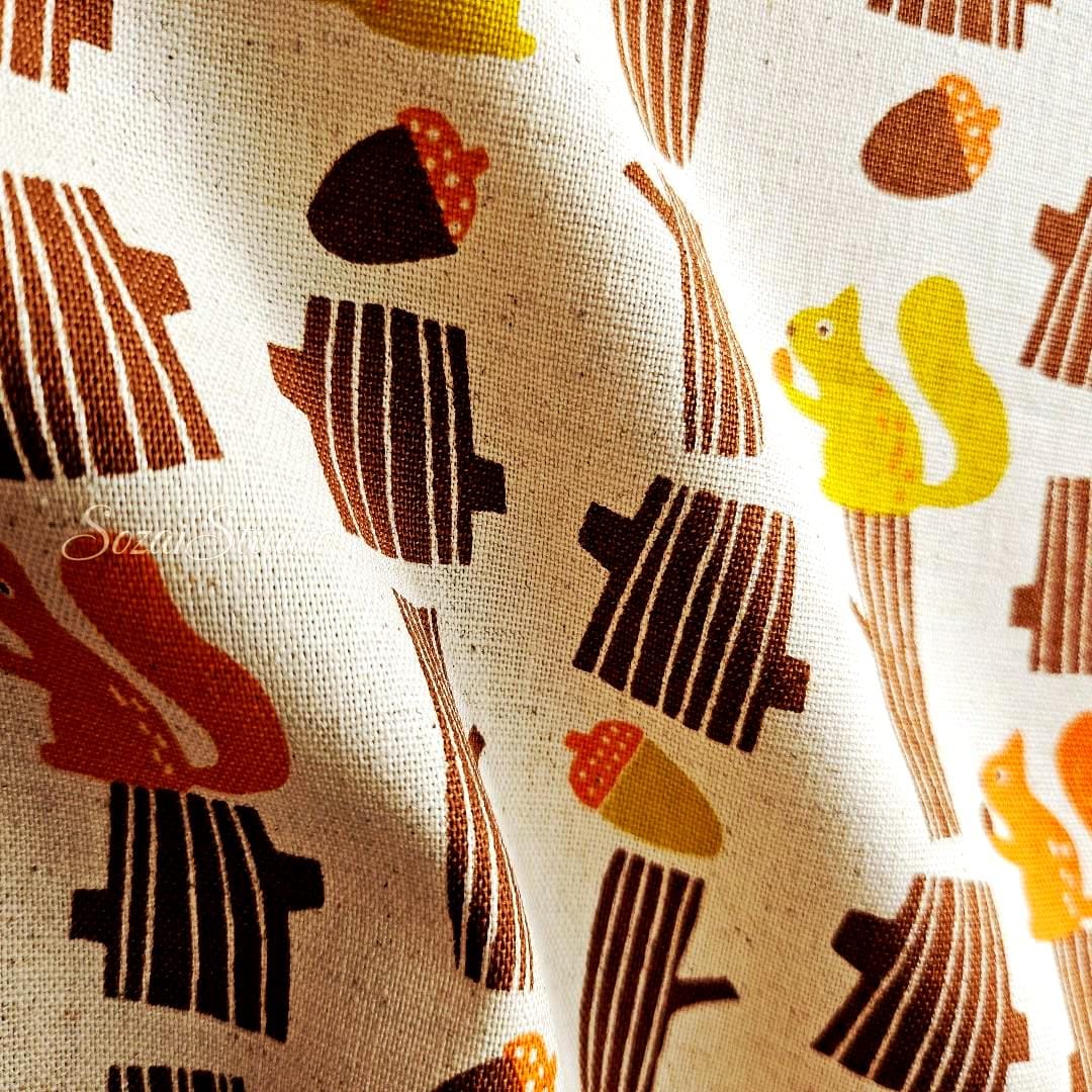 Japanese fabric - Adorable Squirrel and Acorn - Orange - Linen Blend Canvas, by the yard