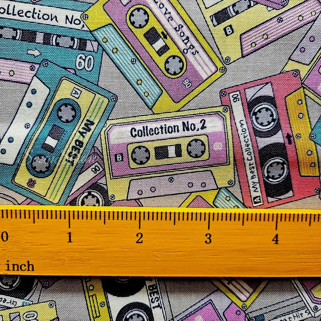 Japanese fabric - Cassette Tape Pattern, Grey - 100% Cotton Sheeting Print- by the yard