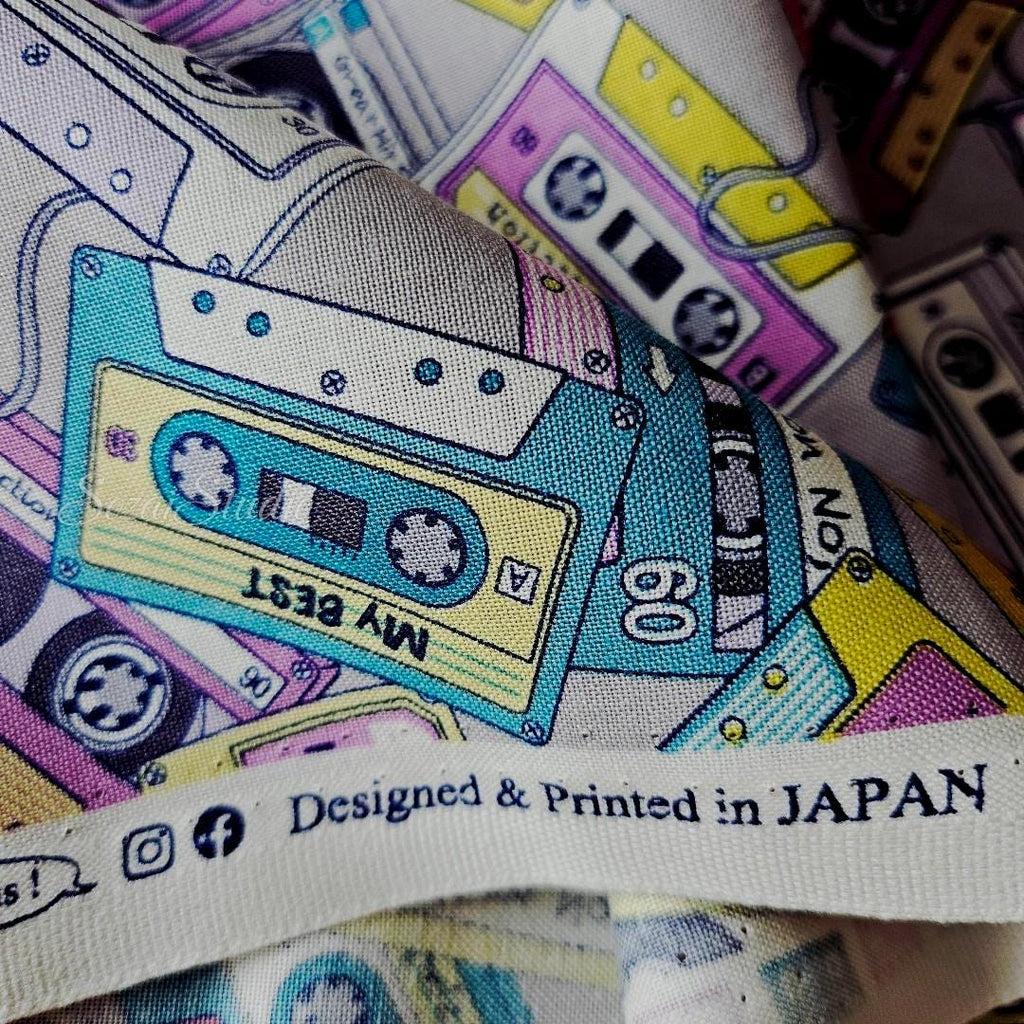 Japanese fabric - Cassette Tape Pattern, Grey - 100% Cotton Sheeting Print- by the yard