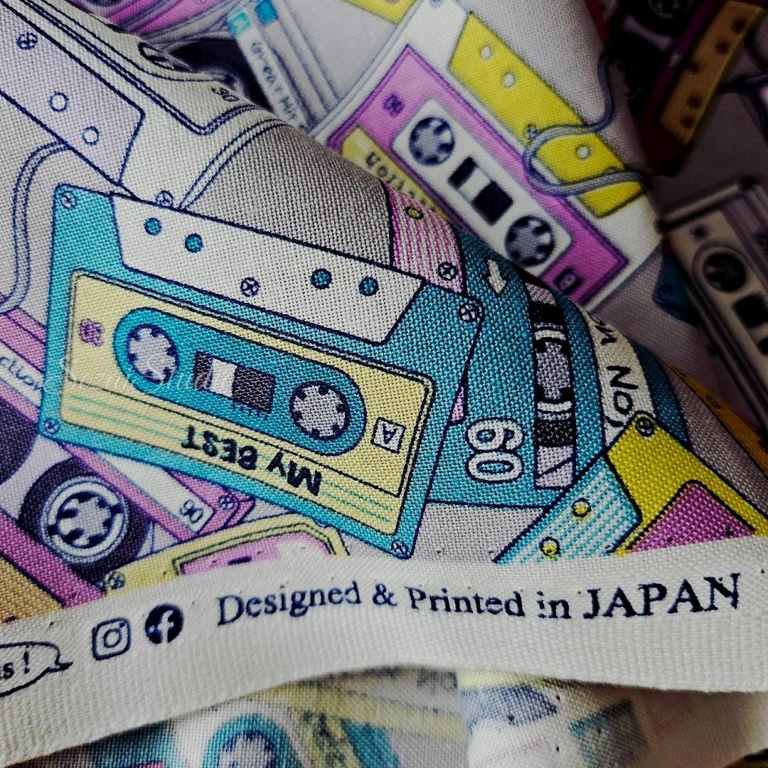 Japanese fabric - Cassette Tape Pattern, Grey - 100% Cotton Sheeting Print- by the yard